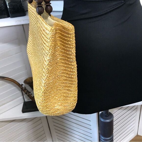 Vintage Yellow Straw Woven Shoulder Bag Wooden Beads - Picture 5 of 8